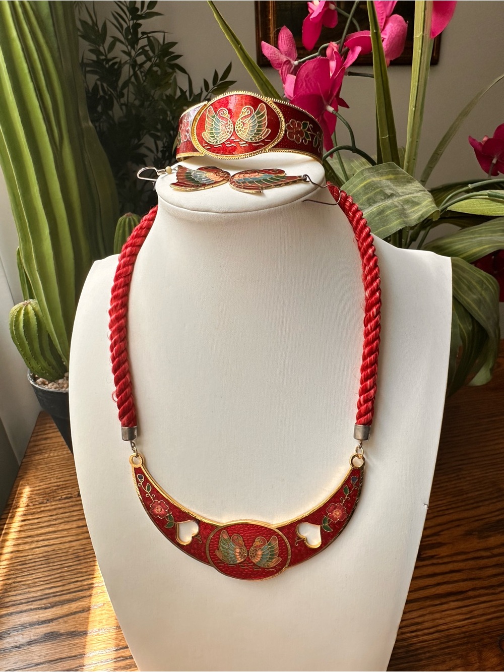 Rare Complete Set of Vintage Red Cloisonné Swan necklace, earrings, bracelet